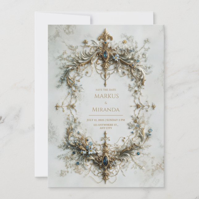 Invitation Gold Silver Frame Blue Gemstone Baroque Wedding (Devant)
