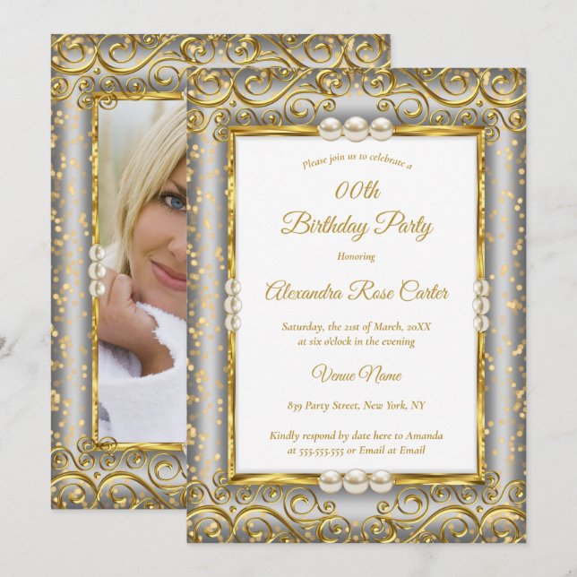Invitation Gold Silver Grey White Pearl Photo Anniversaire (Devant / Derrière)