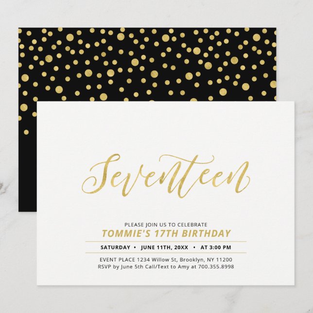 Invitation Gold Simple Modern Lettering 17ème fête d'annivers (Devant / Derrière)