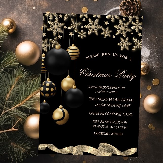 Invitation Gold Snowflakes Black Balls Corporate Christmas (Créateur téléchargé)
