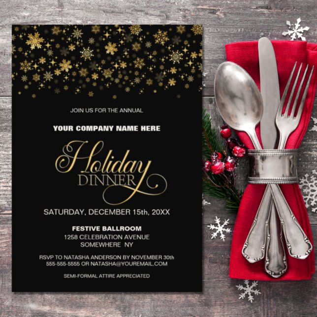Invitation Gold Snowflakes Black Corporate Holiday Dinner (Créateur téléchargé)