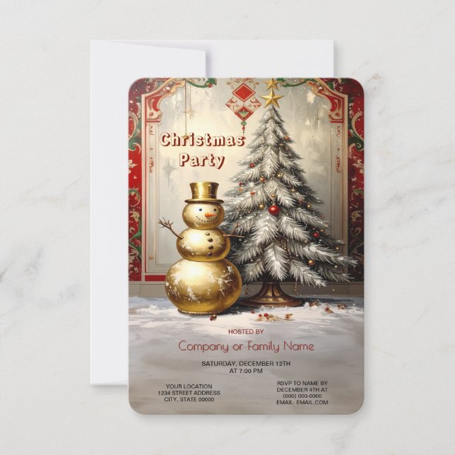Invitation Gold Snowman Christmas Tree Holiday Party (Devant)
