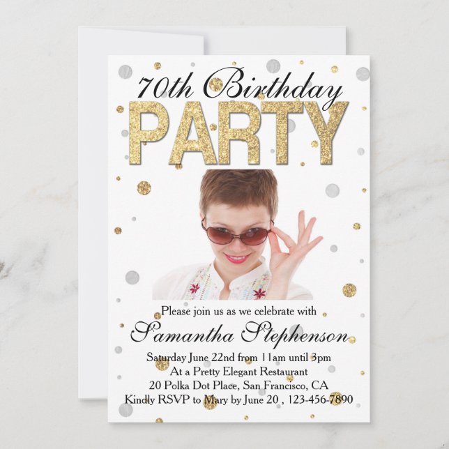 Invitation Gold Sparkle Confetti Photo 70th Birthday Party (Devant)