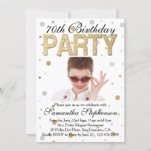Invitation Gold Sparkle Confetti Photo 70th Birthday Party