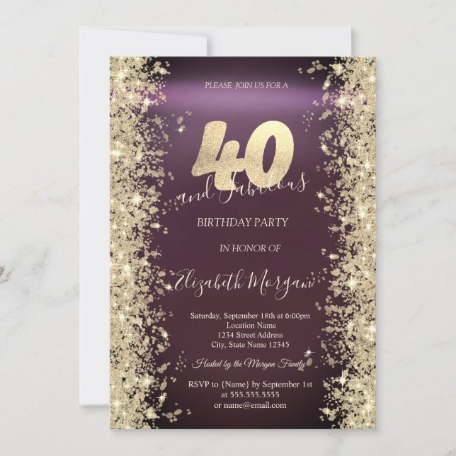 Invitation Gold Sparkle Diamonds Bourgogne 40e anniversaire (Devant)