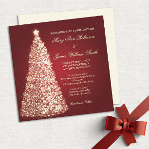 Invitation Gold Sparkle Mariage de Noël Rouge
