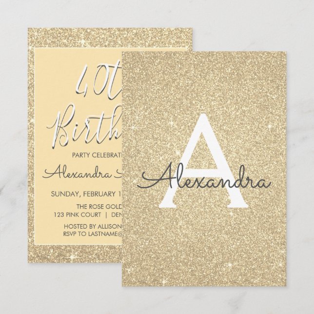Invitation Gold Sparkle Parties scintillant 40e fête d'annive (Devant / Derrière)