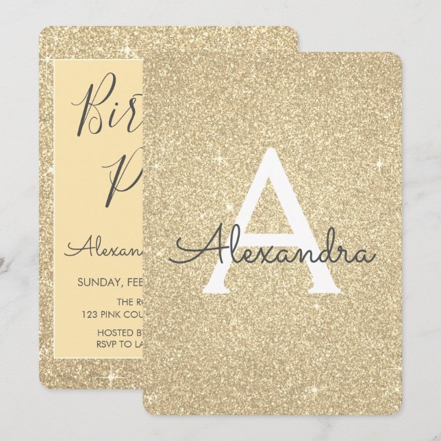 Invitation Gold Sparkle Parties scintillant Fille fête d'anni (Devant / Derrière)