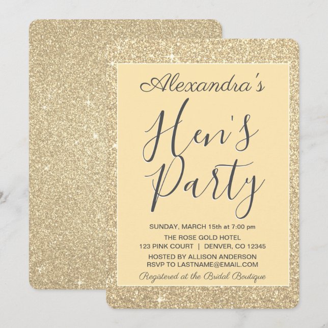 Invitation Gold Sparkle Parties scintillant Hen's Party (Devant / Derrière)