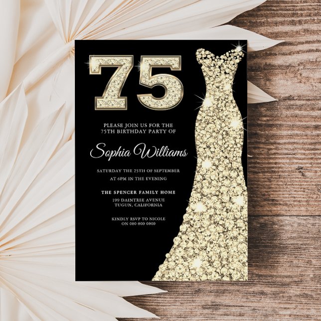 Invitation Gold Sparkle robe femme Noir 75e fête d'anniversai (Créateur téléchargé)