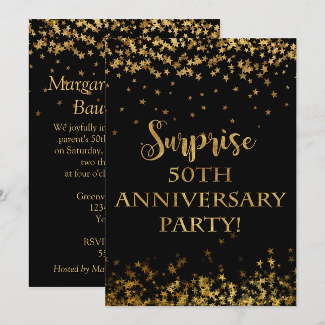 Invitation Gold Sparkle Stars Texte 50e anniversaire (Devant / Derrière)