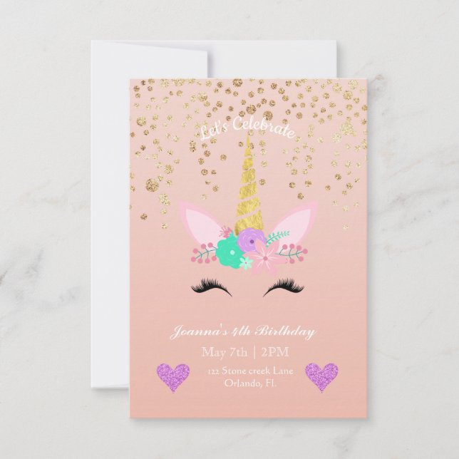 Invitation Gold Speckled | Unicorne florale Anniversaire (Devant)