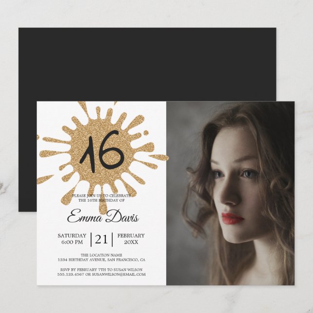 Invitation Gold Splash Sweet 16 16e fête d'anniversaire Photo (Devant / Derrière)