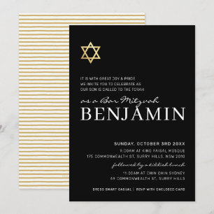 Invitation GOLD STAR moderne Bar Mitzvah minimum noir blanc n