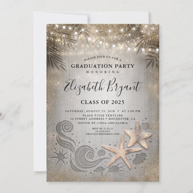 Invitation Gold Starfish Tropical Beach Lights Graduation (Devant)