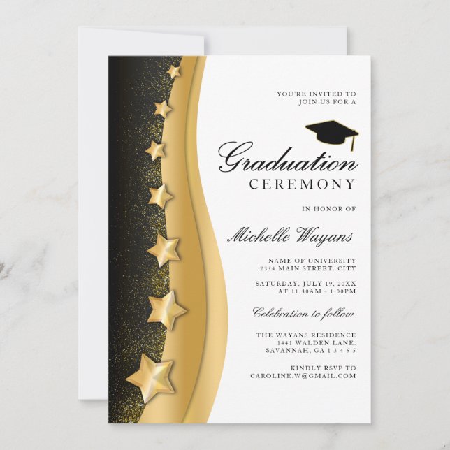 Invitation Gold Stars Black Graduation Ceremony & Party (Devant)