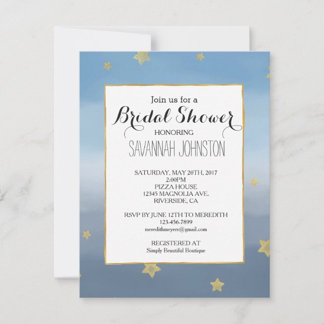 Invitation Gold Stars Blue Watercolor Sky douche nuptiale (Devant)