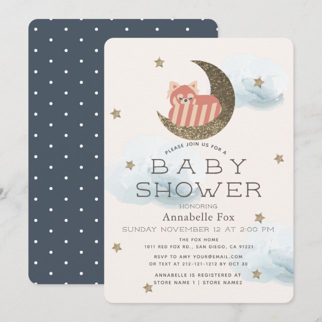 Invitation Gold Stars & Crescent Moon Red Panda Baby shower (Devant / Derrière)