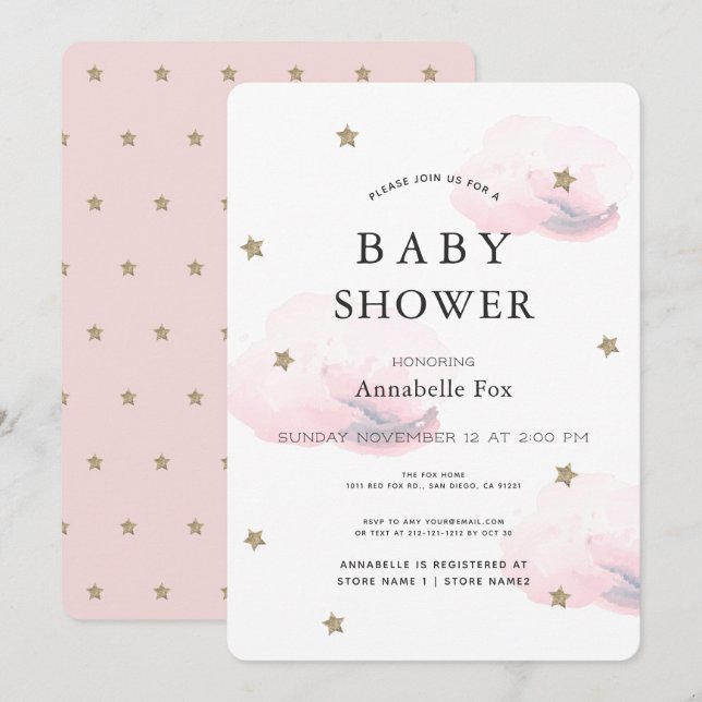 Invitation Gold Stars & Fluffy Pink Clouds Baby shower (Devant / Derrière)