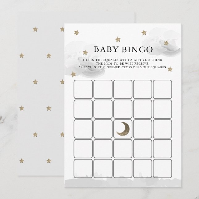 Invitation Gold Stars Grey Clouds Baby shower Bingo Game Card (Devant / Derrière)