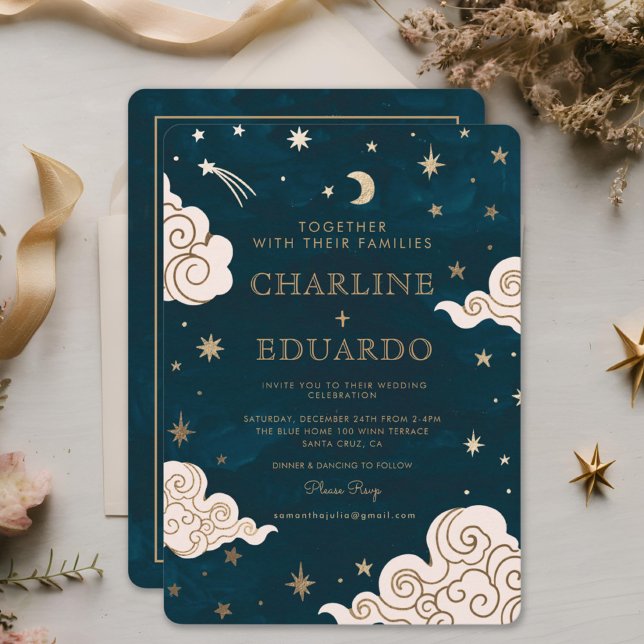 Invitation Gold Stars Moon Indigo Celestial Qr Code Mariage (Créateur téléchargé)