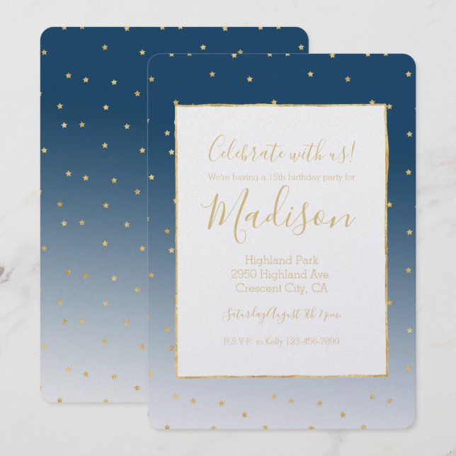 Invitation Gold Stars Sky Shine Ombre Anniversaire (Devant / Derrière)