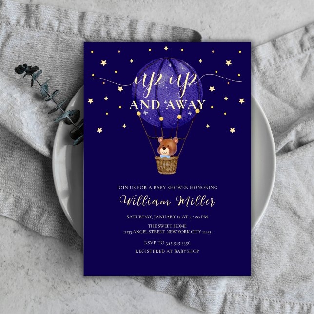 Invitation Gold Stars Teddy Bear Hot Air Baby shower (Gold Stars Teddy Bear Hot Air Balloon Baby Shower Invitation)