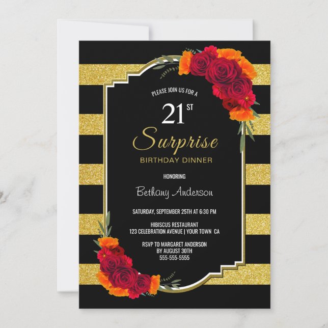 Invitation Gold Striped Surprise 21e anniversaire Dîner (Devant)