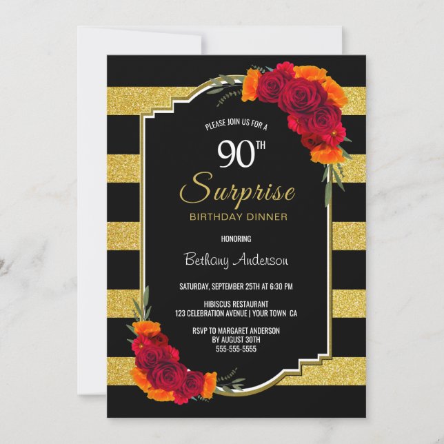 Invitation Gold Striped Surprise 90e anniversaire Diner fête (Devant)