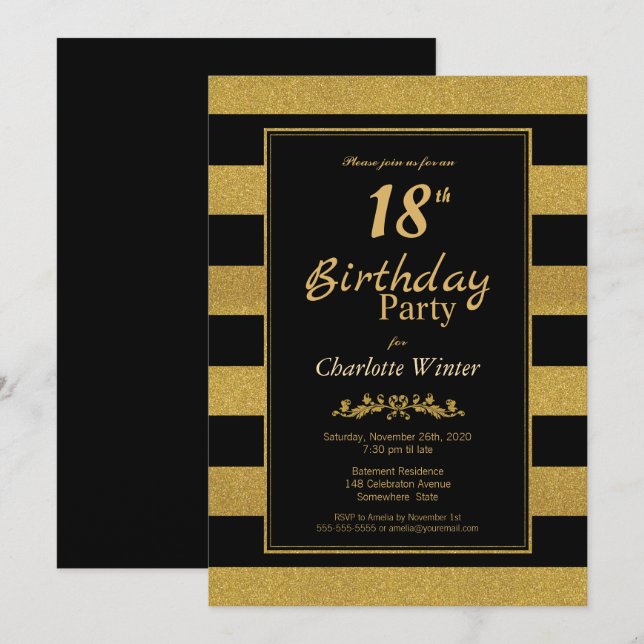 Invitation Gold Stripes 18e fête d'anniversaire (Devant / Derrière)