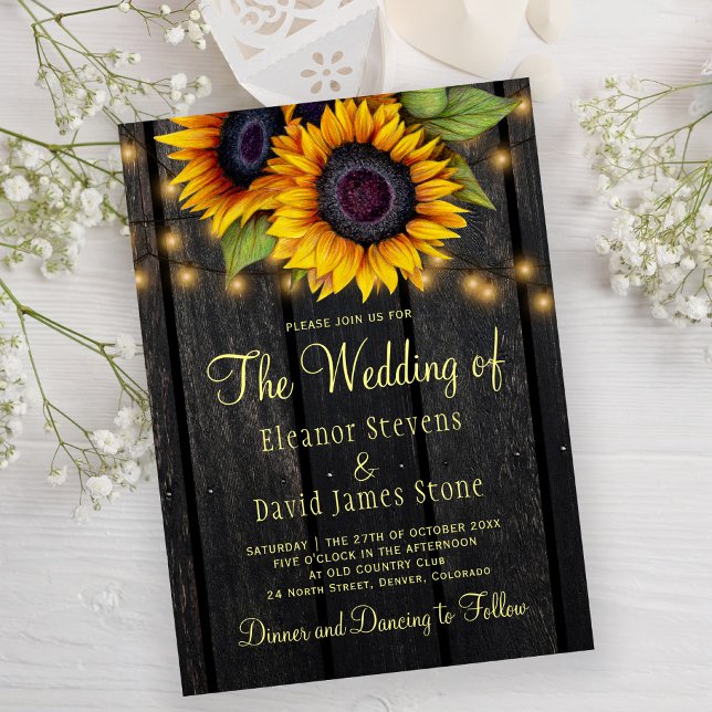 Invitation Gold sunflowers rustic country barn wood wedding (Créateur téléchargé)