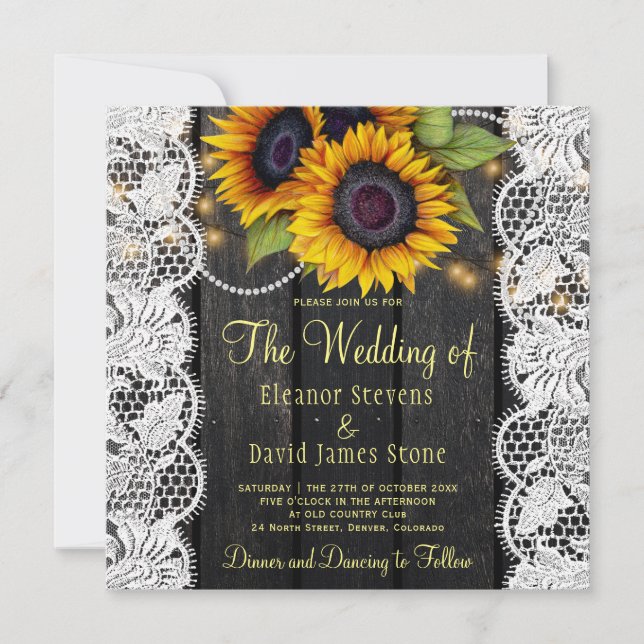 Invitation Gold sunflowers rustic country barn wood wedding (Devant)