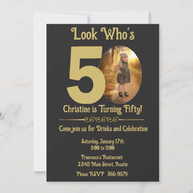 Invitation Gold sur Black avec photo 50th Birthday (Devant)