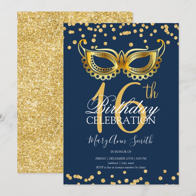 Invitation Gold Sweet 16 Masquerade Party Parties scintillant (Devant / Derrière)