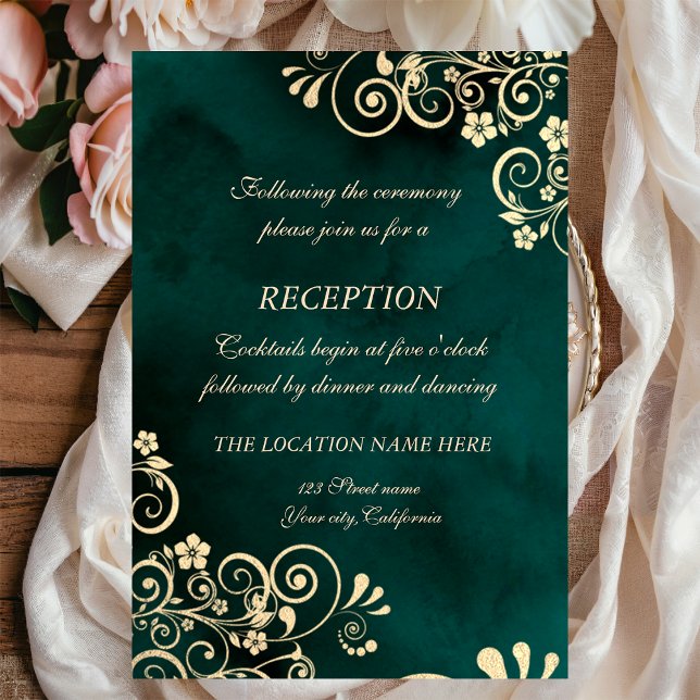 Invitation Gold Swirls Emerald Green Wedding  (Créateur téléchargé)