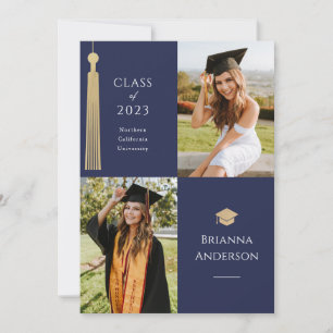 Invitation Gold Tassel & Casquette 2 Photo Blue Graduation