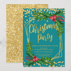 Invitation Gold Teal Floral Holly Glitter
