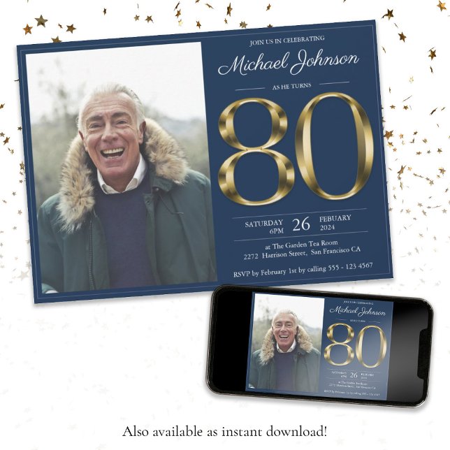 Invitation Gold Text Navy Blue Classy Photo 80e anniversaire (80th Gold Text Navy Blue Classy Photo Birthday Invitation)