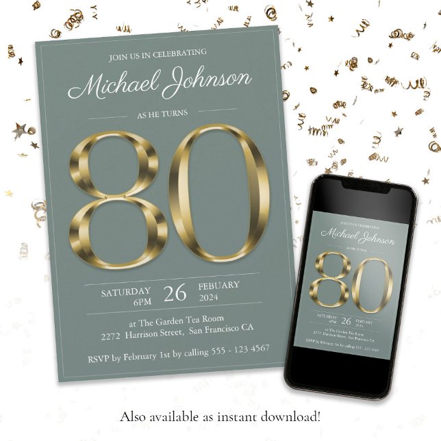 Invitation Gold Text Sage Classy 80e anniversaire fête (80th Eightieth Gold Text Sage Classy Birthday Invitation)