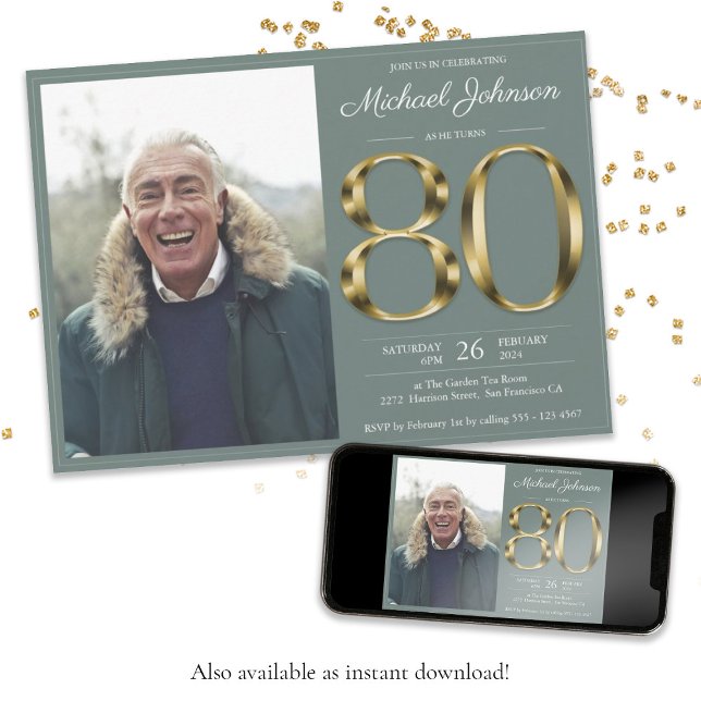 Invitation Gold Text Sage Green Classy Photo 80e anniversaire (80th Gold Text Sage Green Classy Photo Birthday Invitation)