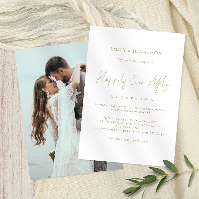 Invitation Gold Texte Photo Happy Jamais Après Mariage (Front and back view. Available digitally or printed)