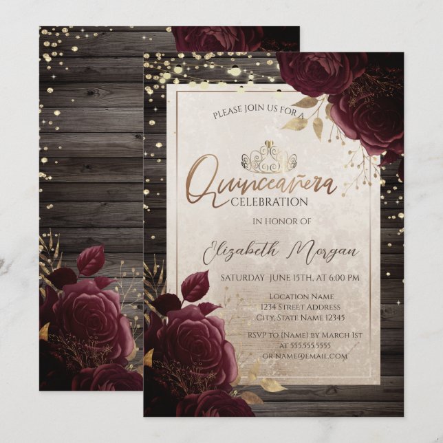 Invitation Gold Tiara, Bois Bourgogne Roses Quinceañera (Devant / Derrière)