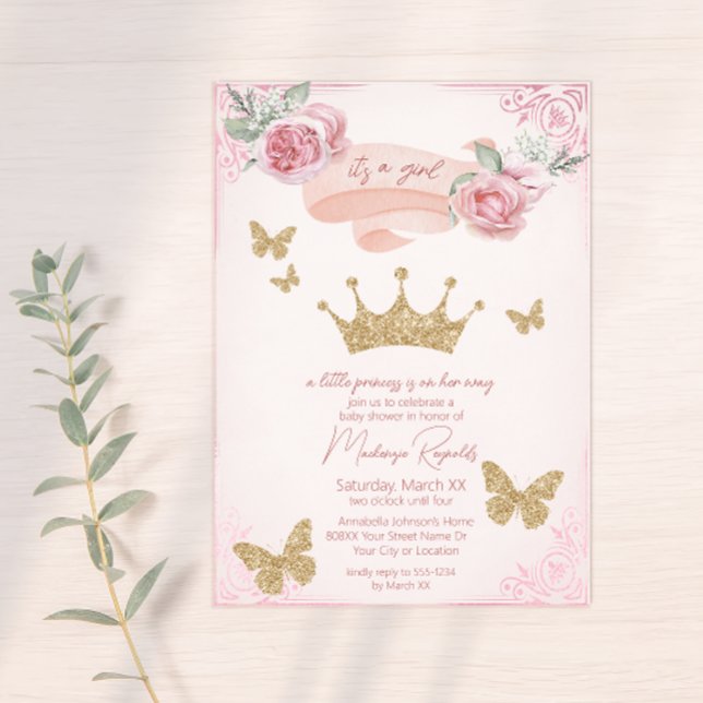 Invitation Gold Tiara & Butterflies Princess Baby shower (Créateur téléchargé)