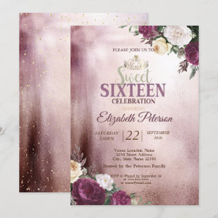 Invitation Gold Tiara, Confetti Burgundy Sweet 16 Party