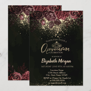 Invitation Gold Tiara, Confetti Fleurs Bourgogne Quinceañera