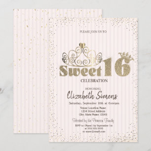 Invitation Gold Tiara Confetti Princess Striped Sweet 16
