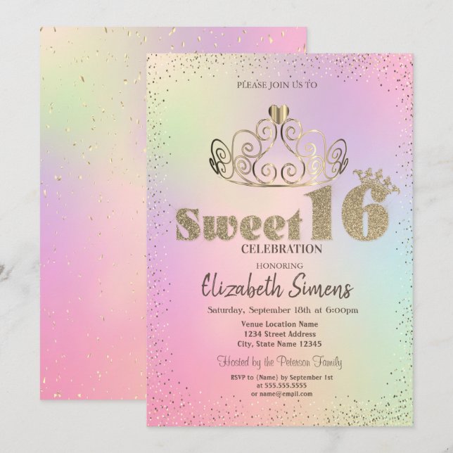 Invitation Gold Tiara Confetti Princesse Holographique Sweet  (Devant / Derrière)