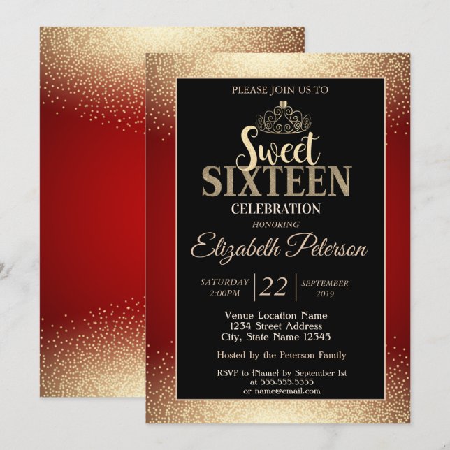 Invitation Gold Tiara Confetti, Red Sweet 16 Party (Devant / Derrière)