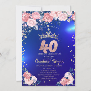 Invitation Gold Tiara Diamonds Fleurs Bleu 40e anniversaire