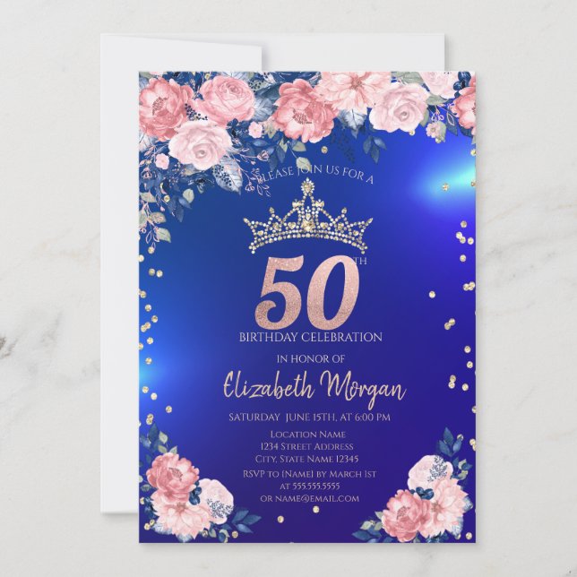 Invitation Gold Tiara Diamonds Fleurs Bleu 50e anniversaire (Devant)